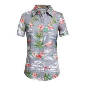 Womens Med Floral Print Short Sleeve Shirts Summer Beach Casual Button Slim Fit